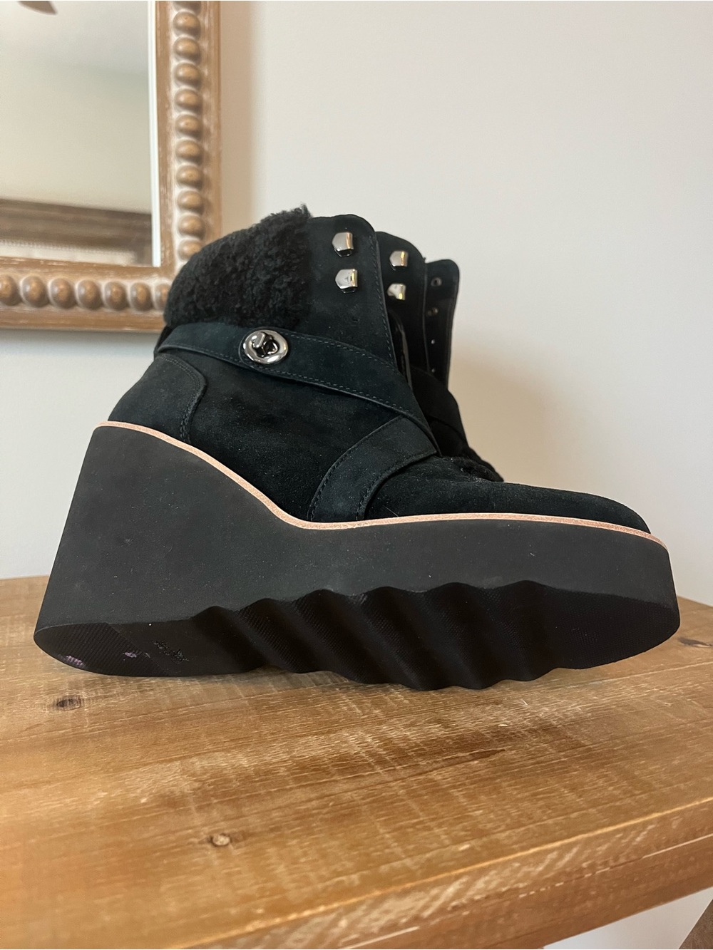Coach Black Suede Wedge Ankle Boots with Shearling Cuff - Picture 4 of 4
